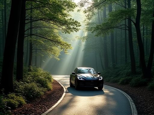 A luxury sedan driving through the dense Black Forest in Germany.