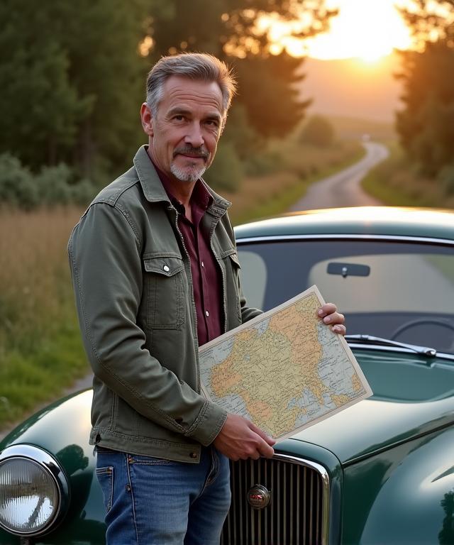 The founder of Road Adventures Ltd. standing next to a classic car with a map.